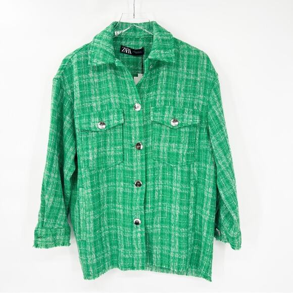 NWT ZARA Plaid Tweed Button Down Overshirt S Green - Picture 2 of 6